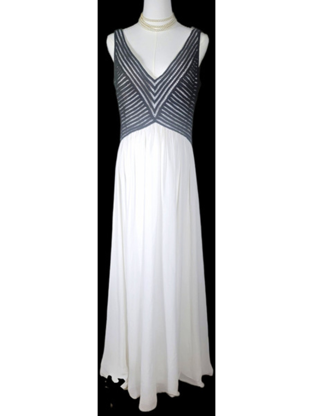 Aidan Mattox Womens 10 White Striped V-Neck Sleeveless Long Maxi Dress Zip